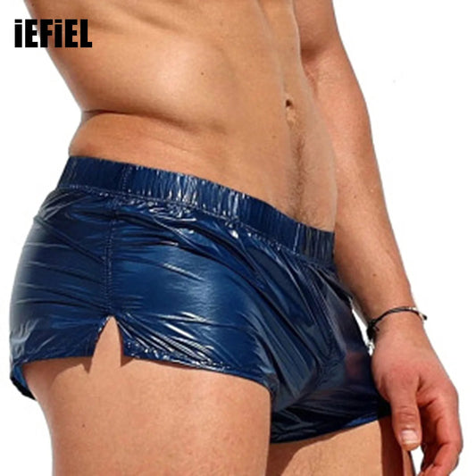 Mens Low Rise Shorts Slim Fit Glossy Shorts Sides Slit Solid Color Trunks for Vacation Beach Pool Party Nightclub