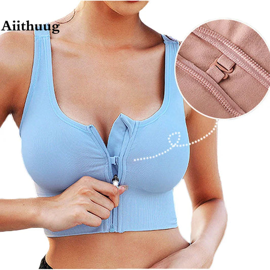 Aiithuug Zipper Hook Yoga Bra Bounce Control Gym Bra Workout Bras Fitness Running Top Elastic Spandex Soft Bras Crop Tops Active