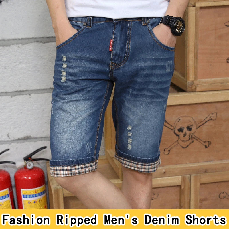 jean man Fashion Brand Clothes Summer Casual Short Homme Jeans Shorts for Men Washed, Worn, Ripped, Biker Denim Mens Shorts male