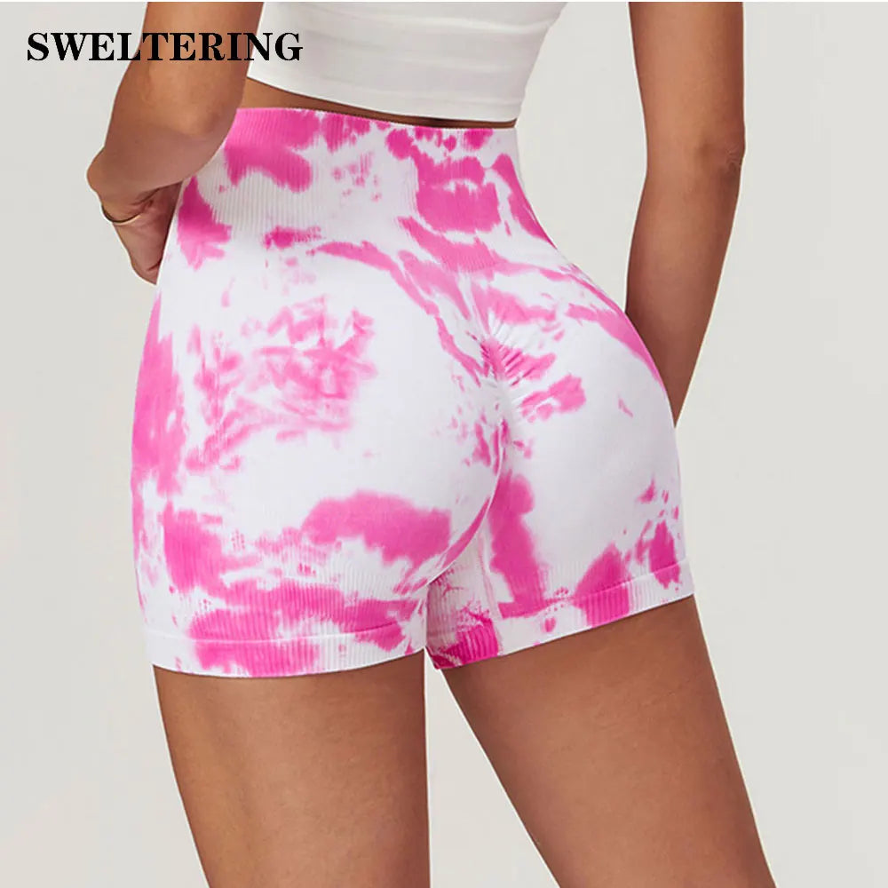 SWELTERING Tie Dye Yoga Shorts Women Fitness Shorts Seamless Running Cycling Shorts Sports High Waist Legging Workout Gym Shorts