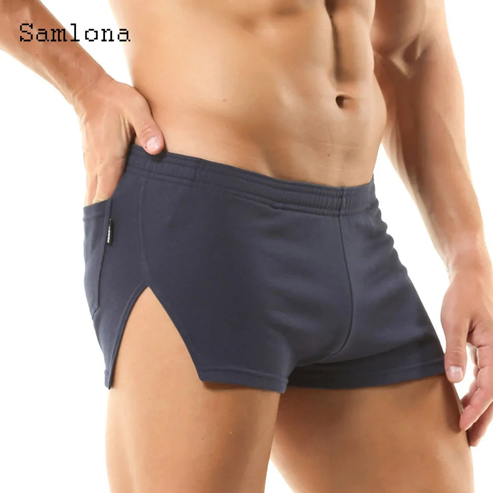 Men's Fashion Leisure Both Split Edge Shorts Sexy Elastic Waist Short Pants 2024 Summer New Casual Beach Shorts Male Clothing